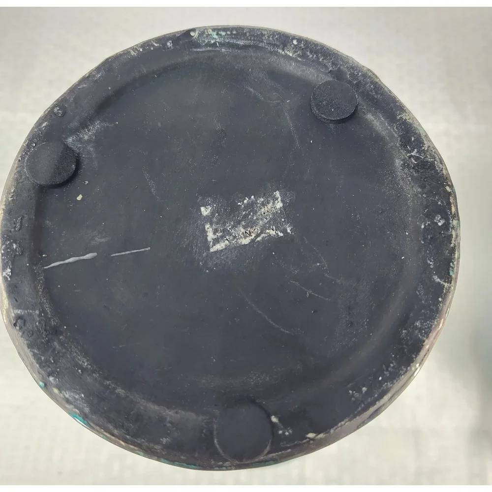 Vtg Large Pottery Vase handles‎ Rustic Glazed Crackled Turquoise